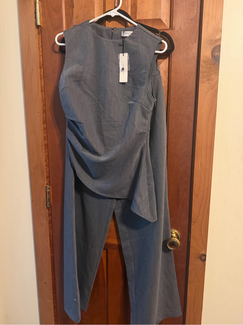 Commense Sleeveless Draped Pants Set in Slate Gray